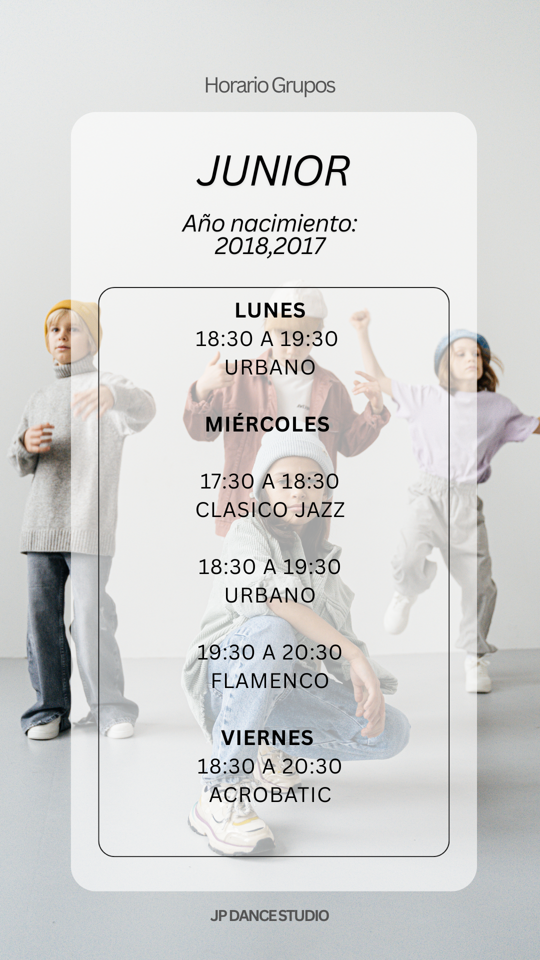 Horario del grupo Junior de JP Dance Studio (8 – 9 años)