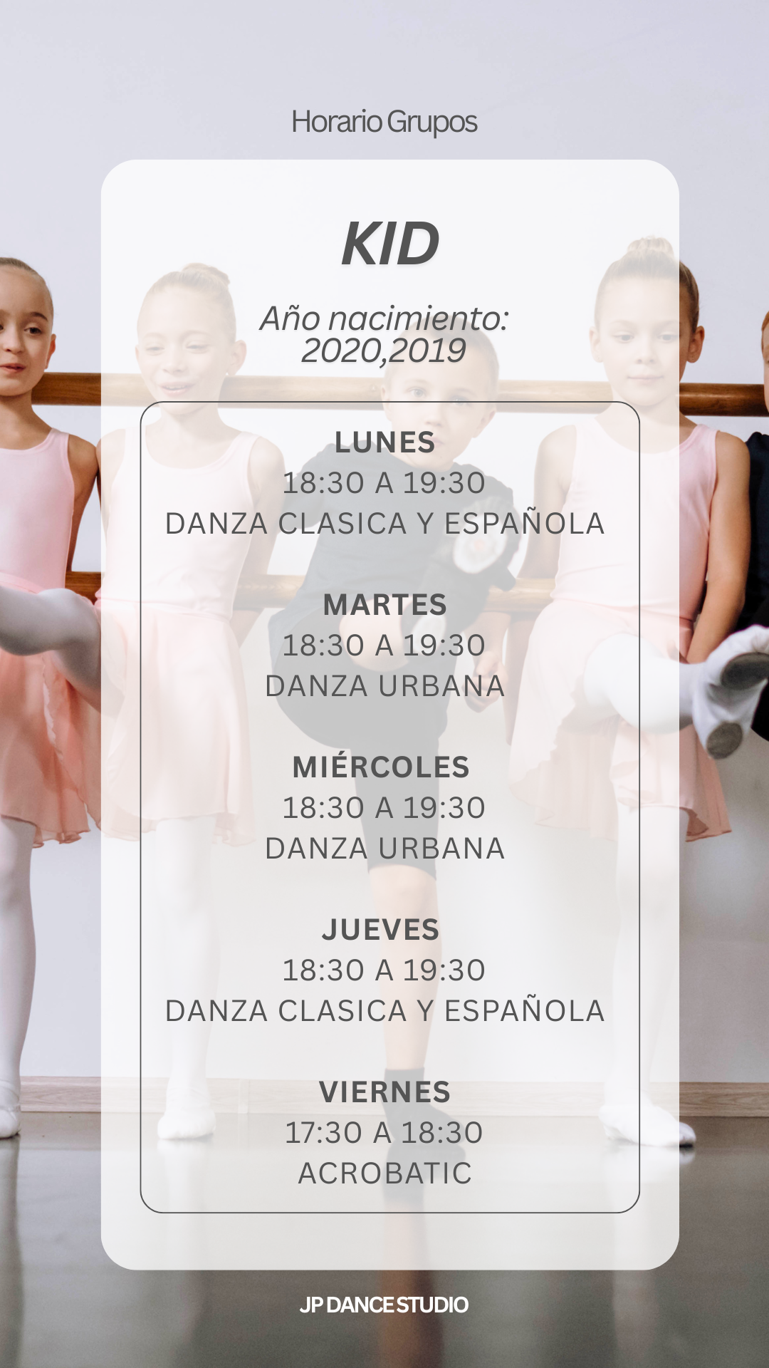 Horario del grupo Kid de JP Dance Studio (6 – 7 años)